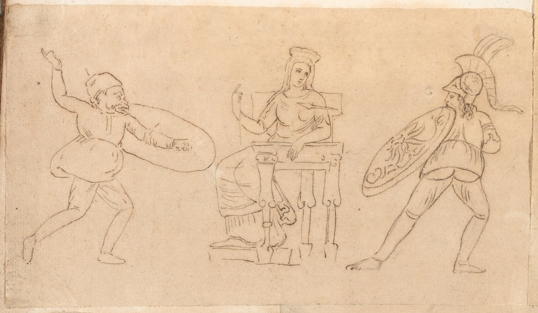 Comic Warrior, Seated Woman, and Figure with a Shield, detail