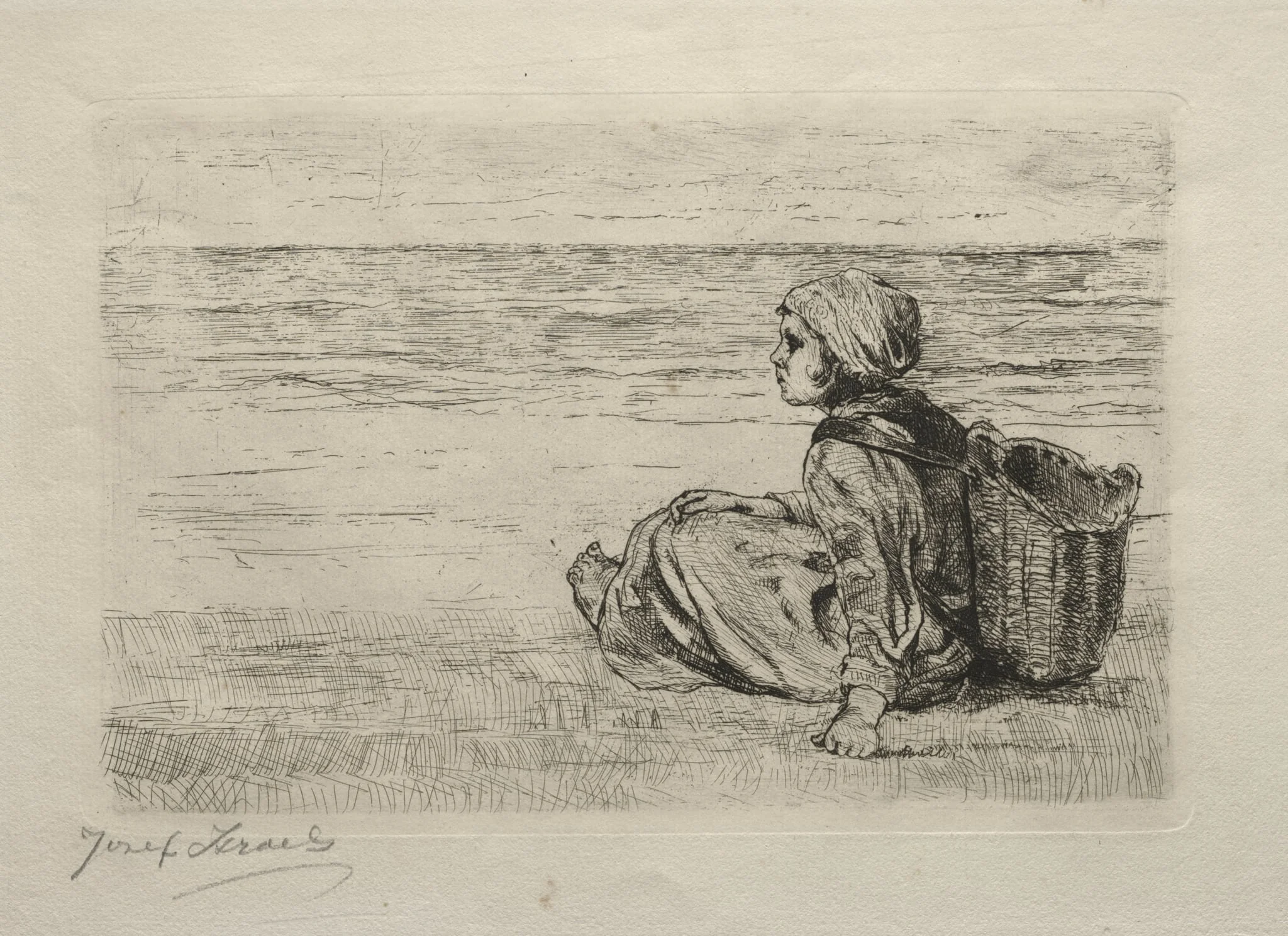 Girl with basket seated on the shore, detail