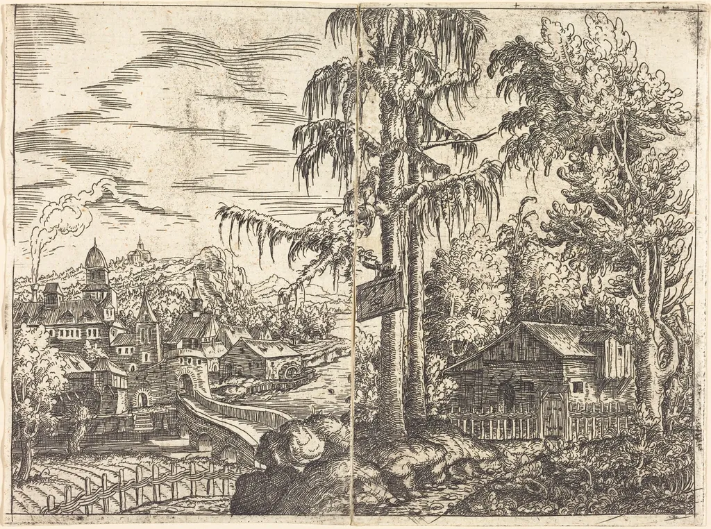 Landscape with View of a Farmer's Cottage and a Town near a River, by Hanns Lautensack, ink, 1551