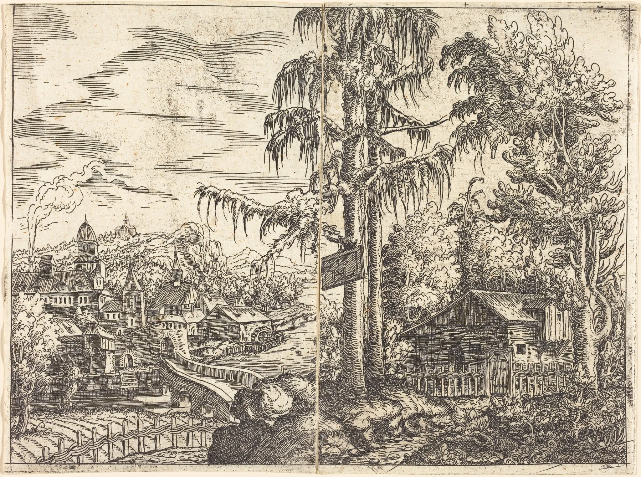 Landscape with View of a Farmer's Cottage and a Town near a River, detail