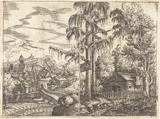 Landscape with View of a Farmer's Cottage and a Town near a River, by Hanns Lautensack, ink, 1551