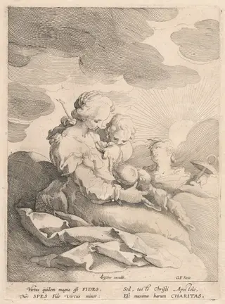 Charity with Faith and Hope, by Gerrit Pietersz Sweelinck, ink, 1593