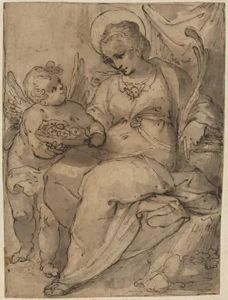 Martyr with an Angel, by Jacob Matham, chalk, 1601