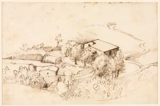 Farm with Trees in a Hilly Landscape (verso), by Gherardo Cibo, 1567