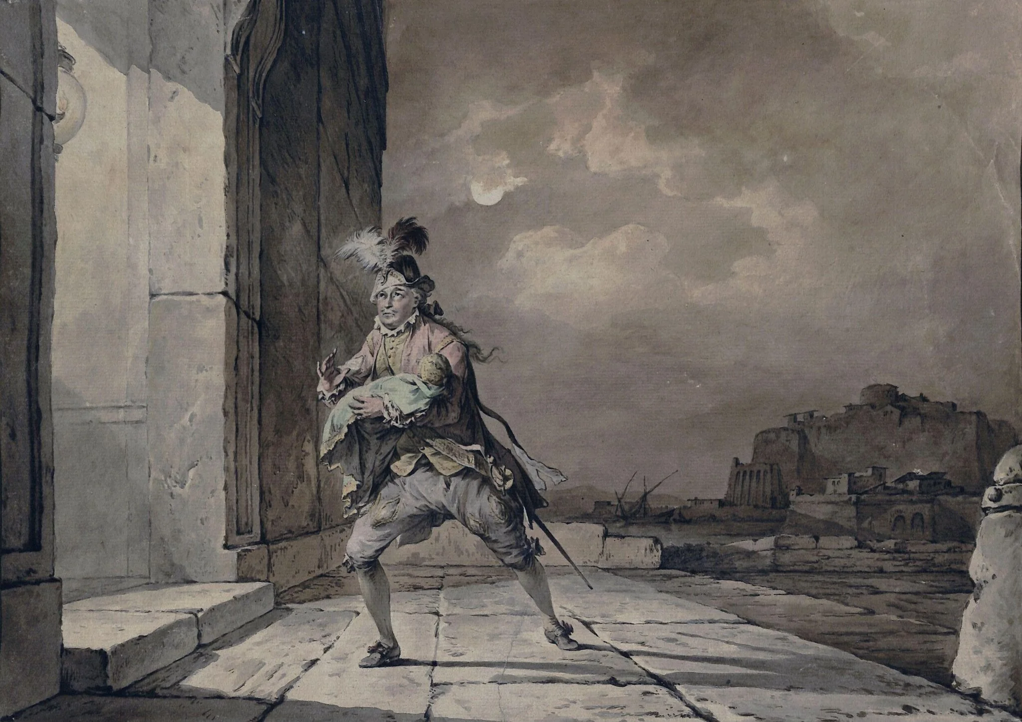 David Garrick as Don John in his adaptation of 'The Chances' by Beaumont and Fletcher, Act 1, Scene 2, with a view intended to be Naples in the background, detail