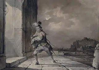 David Garrick as Don John in his adaptation of 'The Chances' by Beaumont and Fletcher, Act 1, Scene 2, with a view intended to be Naples in the background, by Philip James de Loutherbourg, watercolor, 1774