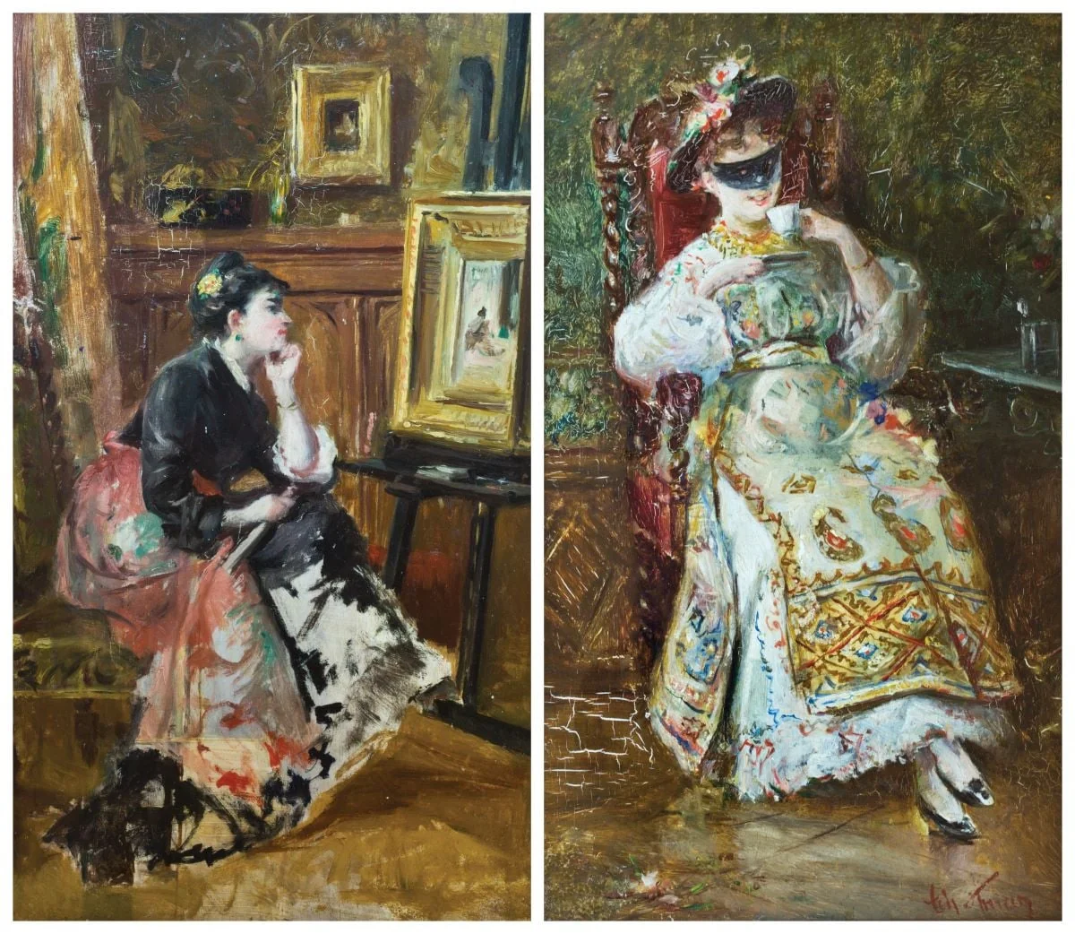 Femeie privind un tablou pe șevalet/verso: Femeie cu mască, în costum național, studiu în ulei, detail