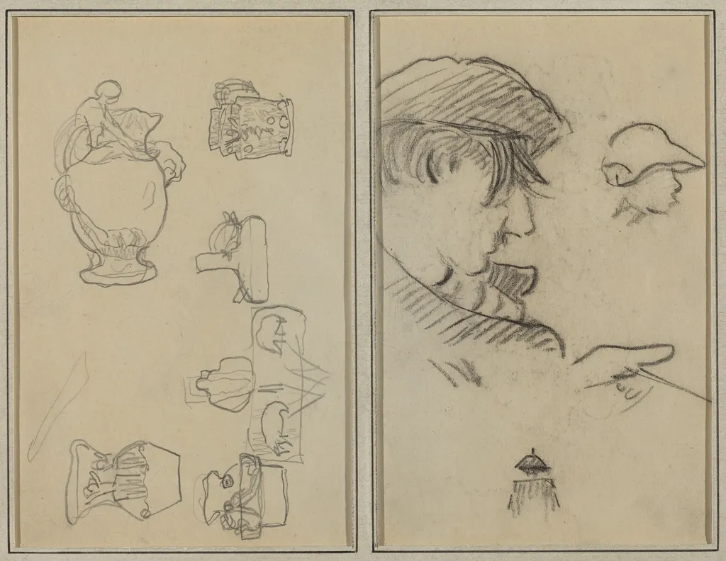 Studies of Jugs and Vases; A Man with Moustache and a Boy with a Hat [recto], by Paul Gauguin, graphite, 1886