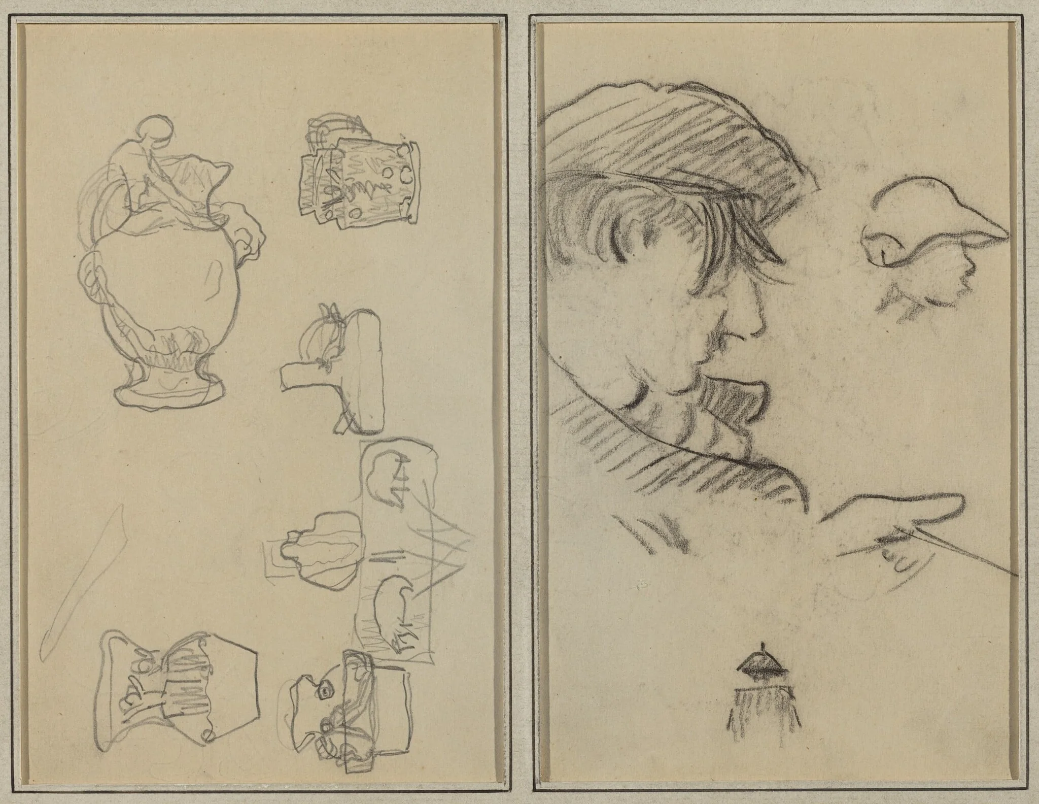 Studies of Jugs and Vases; A Man with Moustache and a Boy with a Hat [recto], detail