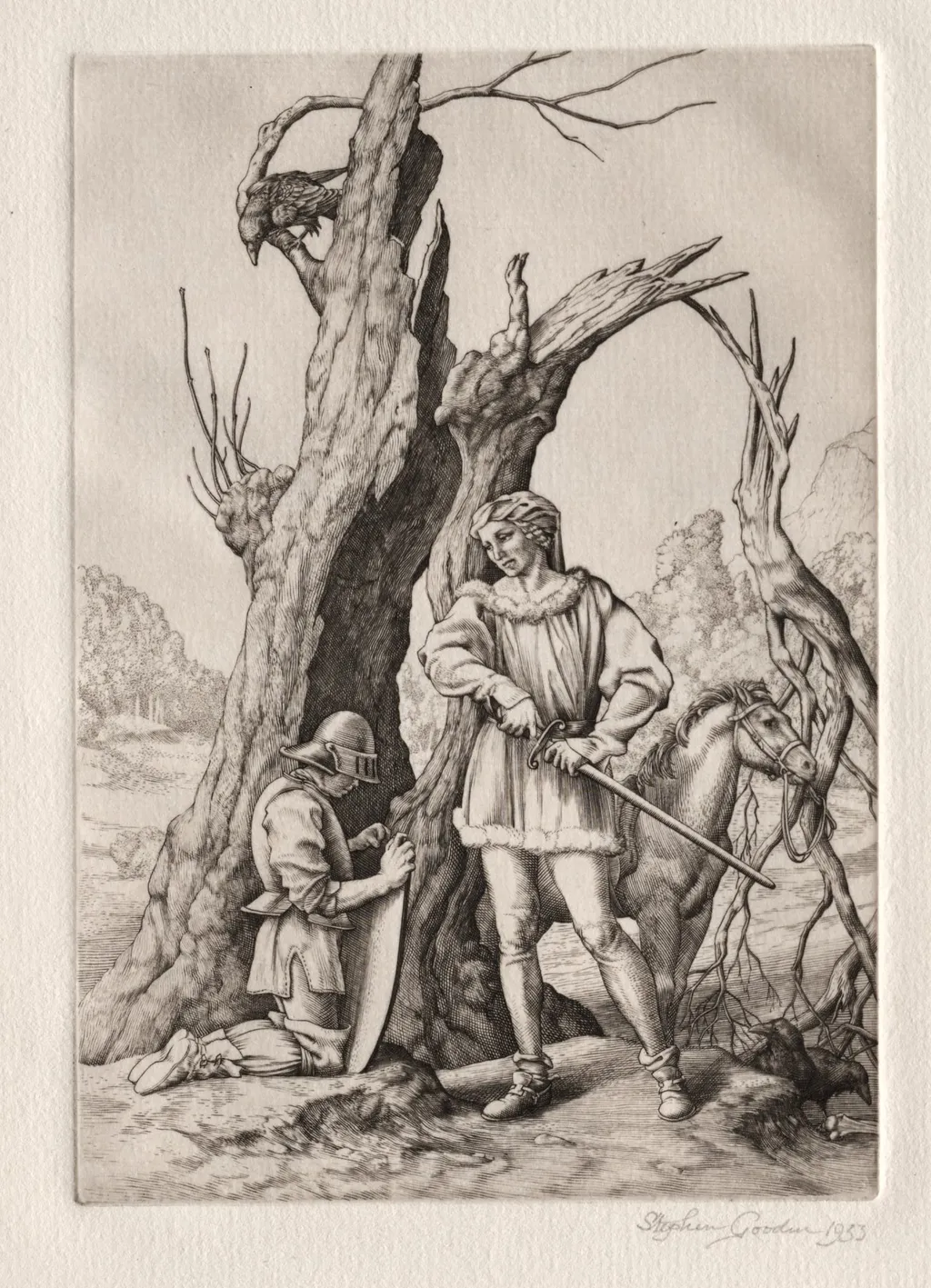 Illustration for "Peronnik the Fool":  Peronnik and Sir Gilles, by Stephen Gooden, 1933