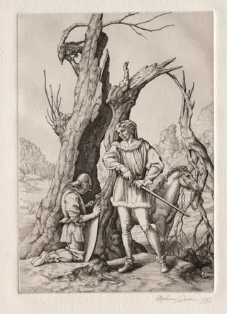 Illustration for "Peronnik the Fool":  Peronnik and Sir Gilles, by Stephen Gooden, 1933