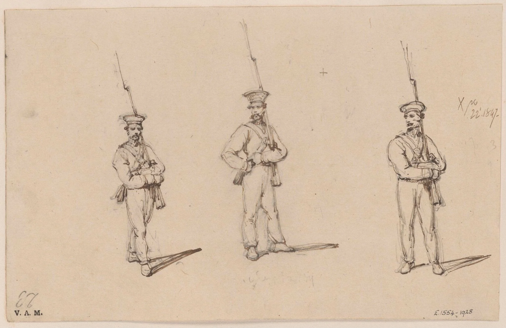 Three drawings of soldiers, detail