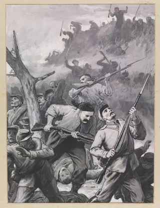 With the Turks at Shipka - Allah! Allah!  A Turkish charge after an unsuccessful assault by the Russians, by John Dawson OWS Watson, watercolor, 1877