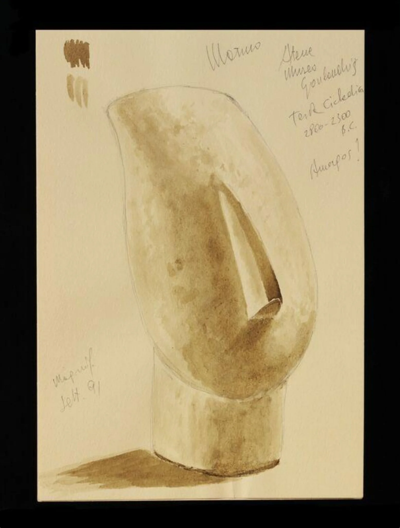 Sketchbook of 28 leaves of yellow wove paper, 29 pages blank, ring bound with stiff card covers, containing designs for jewellery, necklaces, bracelets, rings, candlesticks, pendants, cigarette cases, spoons, an evening bag, a drawing of an arab's head after Delacroix, sketches of cycladic sculpture, a mosque in Iran, an Etruscan bronze vessel, an Etruscan warrior and two sketches of a rocky headland, Capri [?]., detail