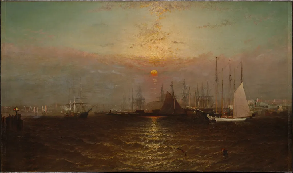 New York Harbor with Brooklyn Bridge, by G. Baker, oil, 1869