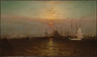 New York Harbor with Brooklyn Bridge, by G. Baker, oil, 1869