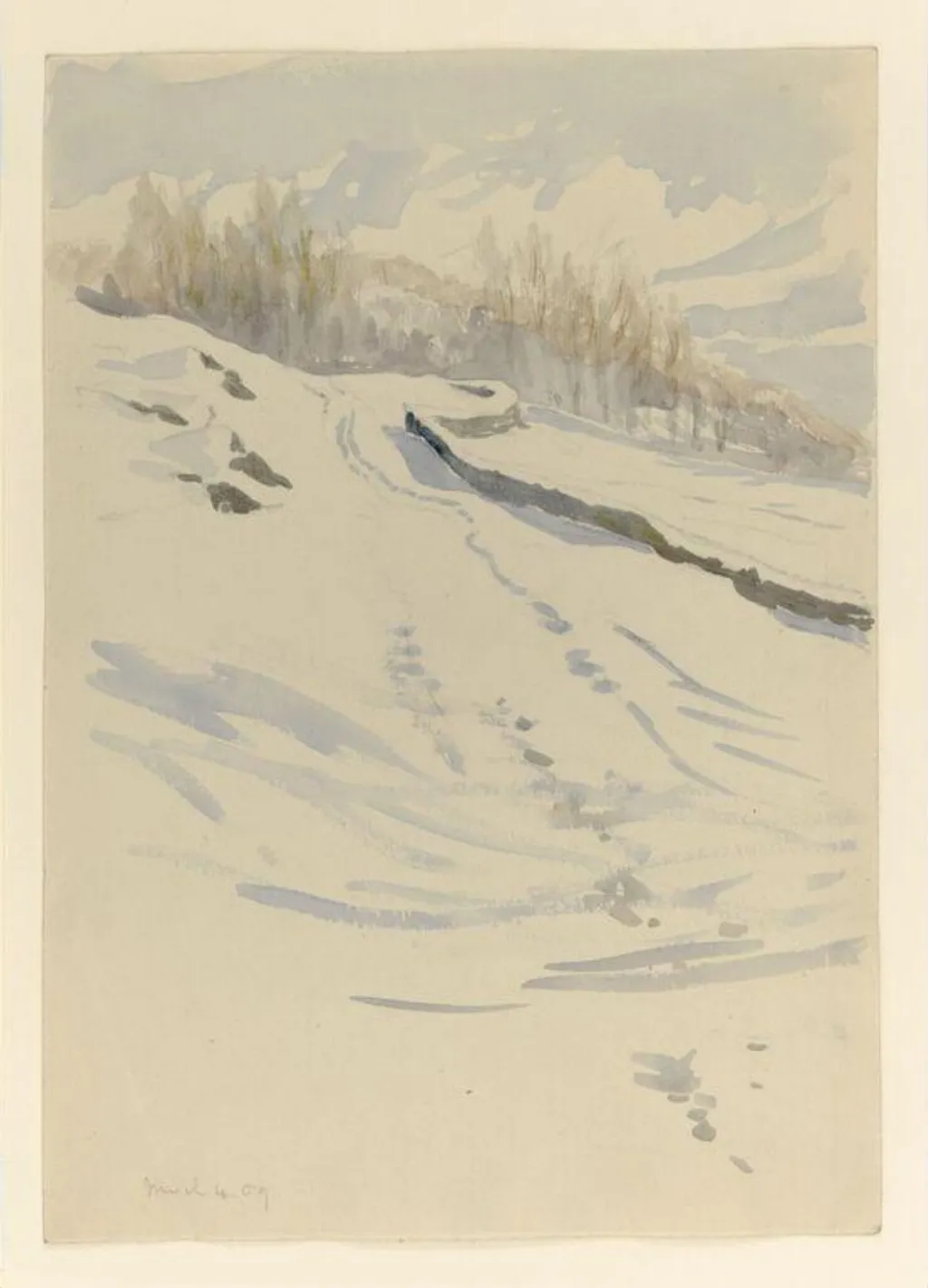 Snow scene with fields and a line of trees, by Beatrix Potter, watercolor, 4