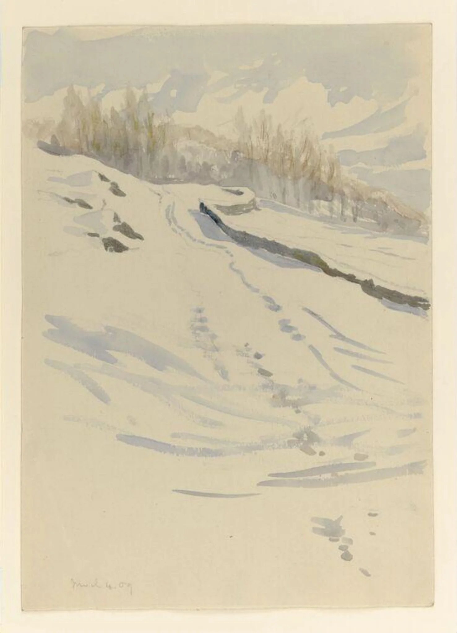 Snow scene with fields and a line of trees, detail