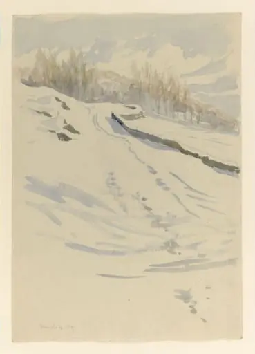 Snow scene with fields and a line of trees, by Beatrix Potter, watercolor, 4