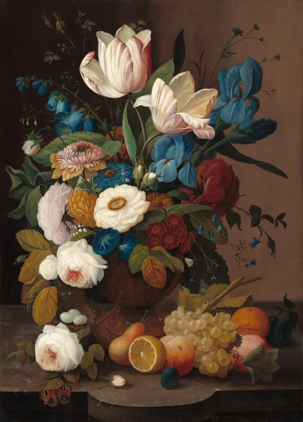 Still Life, Flowers, and Fruit, by Severin Roesen, oil, 1848