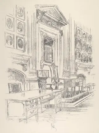 Table and Chair, Signers' Room, Independence Hall, by Joseph Pennell, ink, 1912