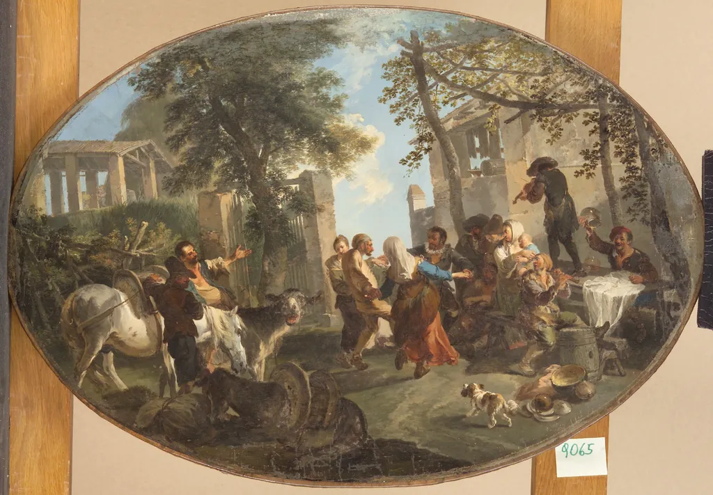Tanzende Bauern vor einer Scheune, by Andrea Locatelli, unspecified, 1740