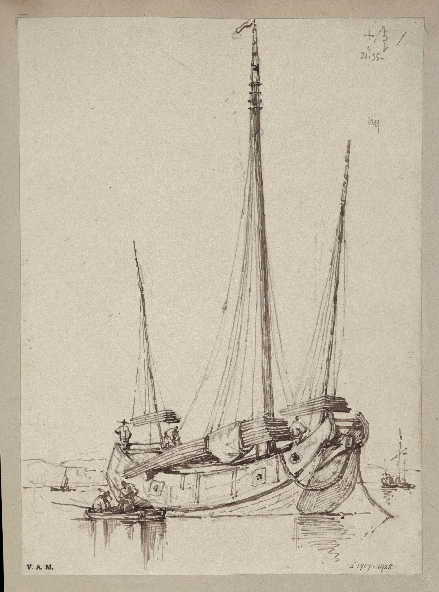 A junk hauling planks aboard, detail