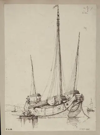 A junk  hauling planks aboard, by George Chinnery, 15