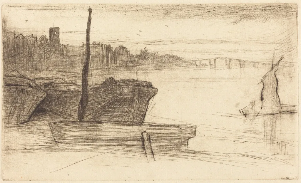 Chelsea Bridge and Church, by James McNeill Whistler, ink, 1870