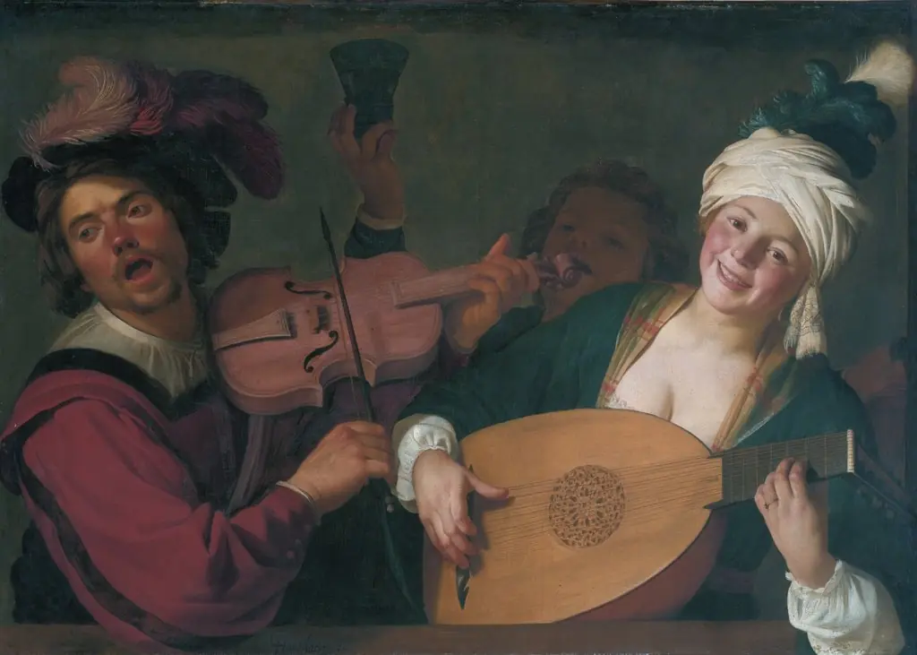 A merry group behind a balustrade with a violin and a lute player, by Gerard van Honthorst, oil, 1623
