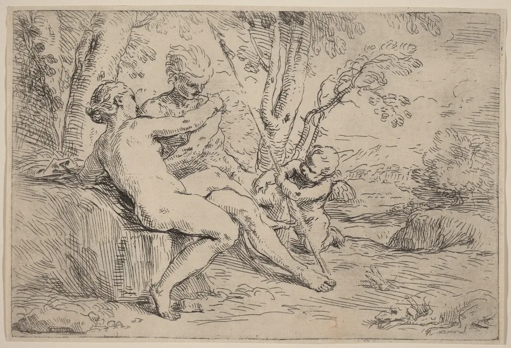 Venus and Adonis, by Simone Cantarini, ink, 1644