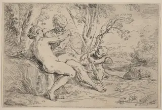 Venus and Adonis, by Simone Cantarini, ink, 1644