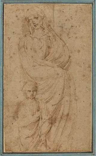 Two Figures, by Girolamo da Carpi, ink, 1528