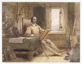 Don Quixote in his Study, by George Cattermole, watercolor, 1840