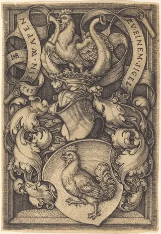 Coat of Arms with a Cock, by Sebald Beham, ink, 1543