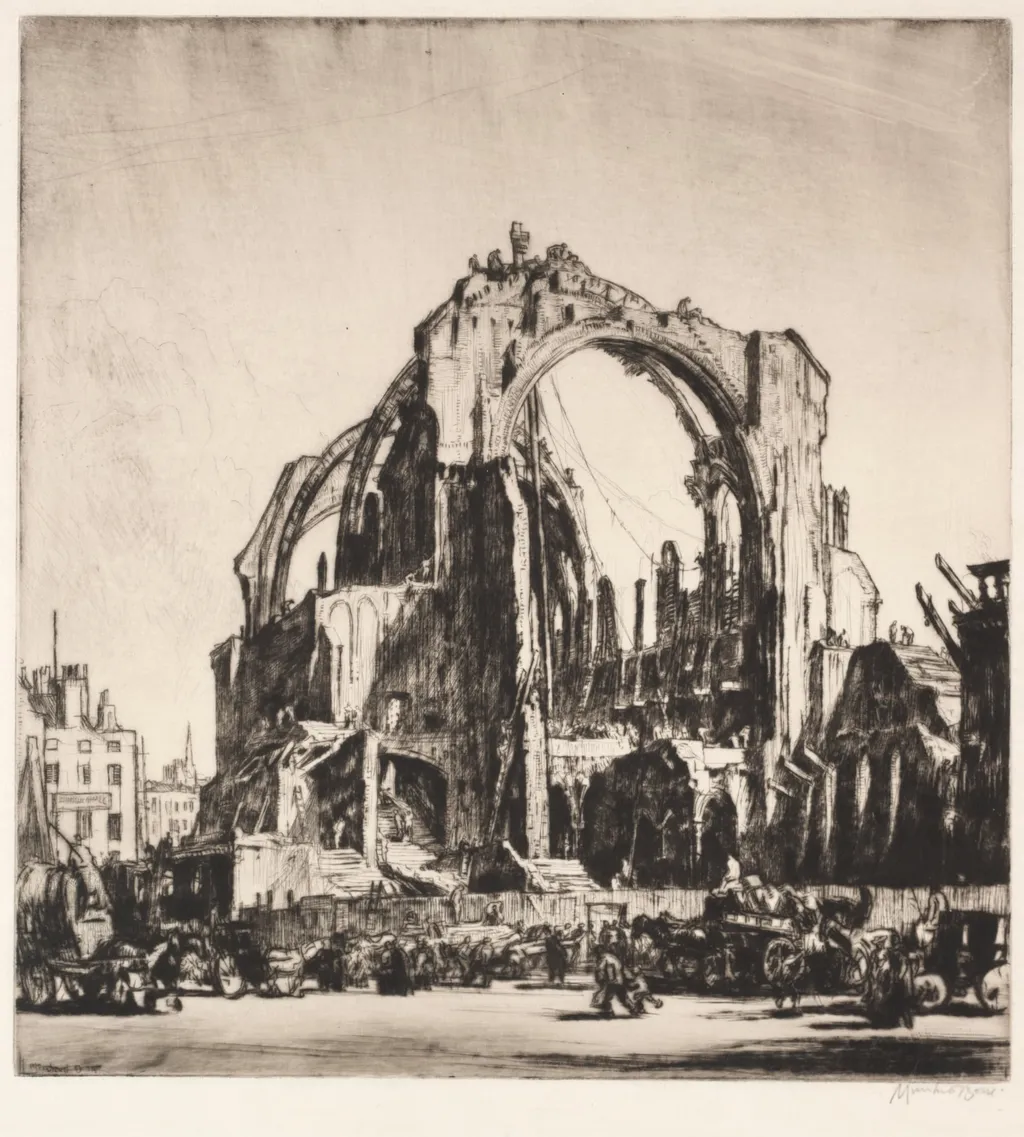 Demolition of St. James Hall, Exterior, by Muirhead Bone, 1924