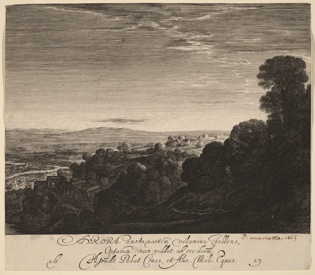 Landscape at Dawn: Aurora, by Hendrik Goudt, ink, 1613