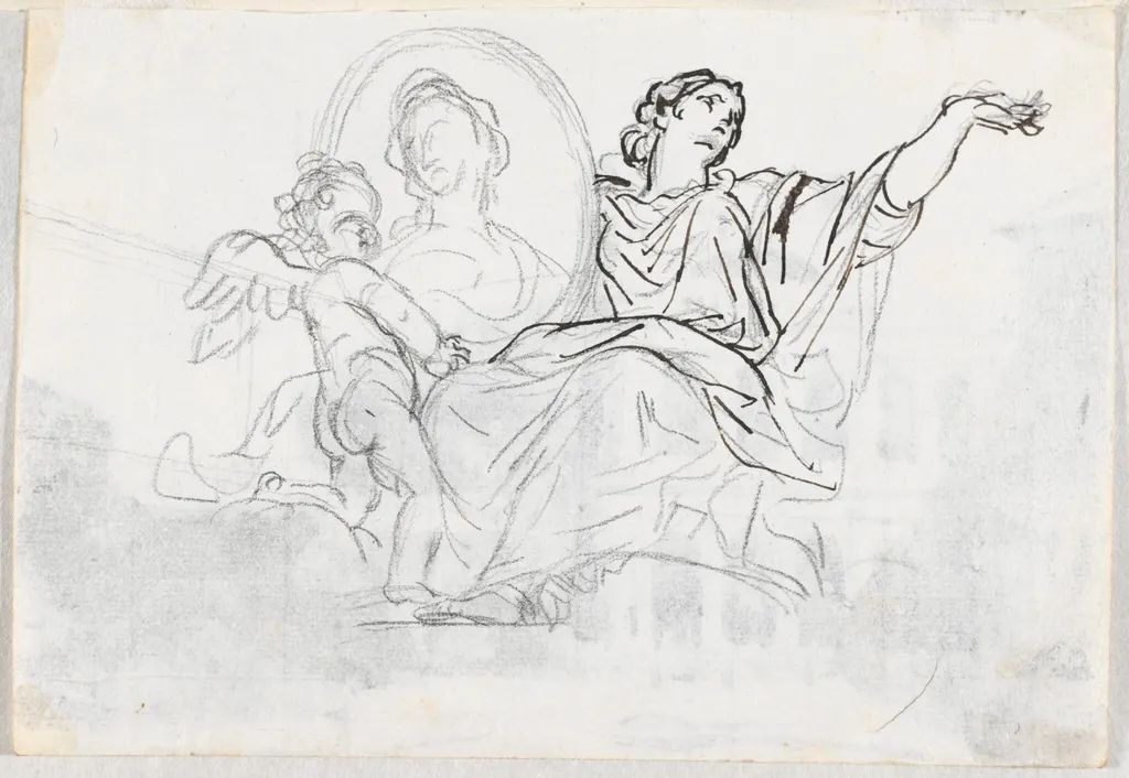 Woman and Putto with a Memorial Portrait, by Jacques-Louis David, chalk, 1778