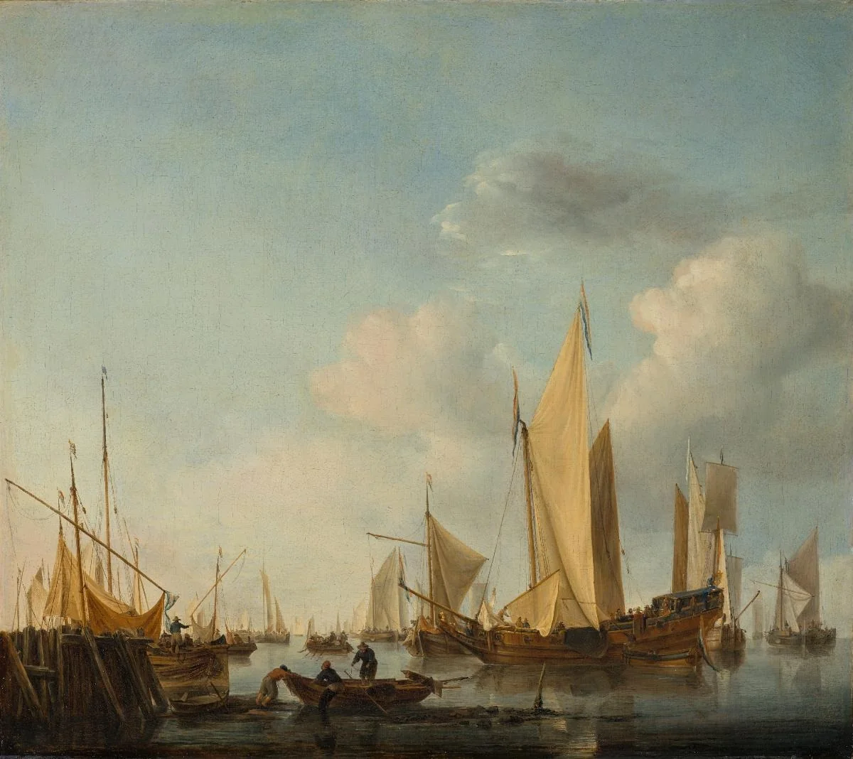 Ruhige See. Eine Staatsjacht, Segelschiffe und Fischerboote vor der Küste, detail