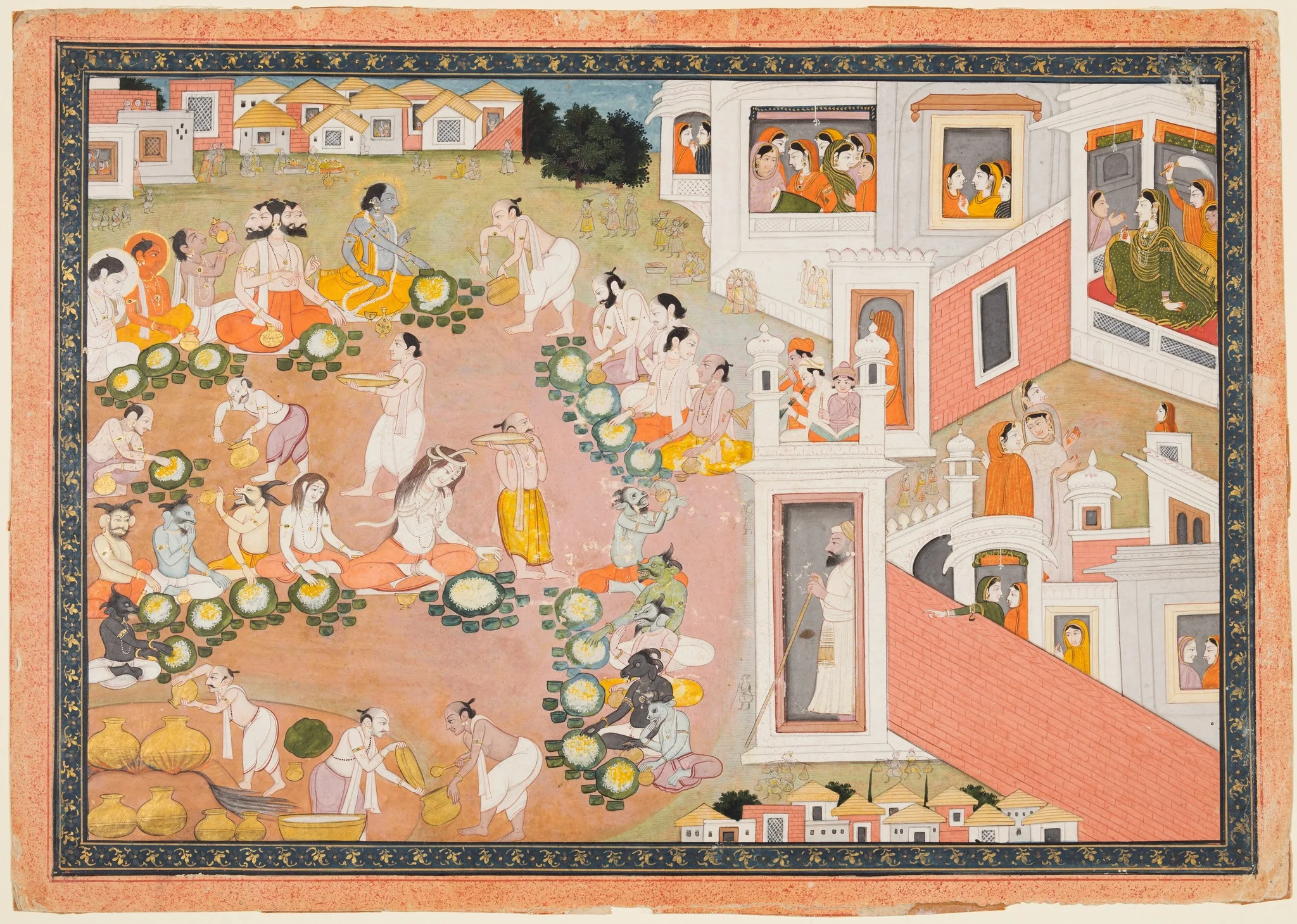 Feast where Vishnu decides he will incarnate as King Dasharatha’s sons, from Chapters 14–15 of the Bala Kanda (Book of Childhood) of a Ramayana (Rama’s Journey), detail
