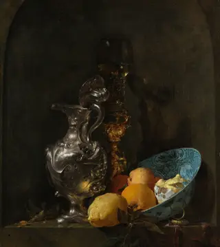Still Life with a Silver Jug and a Porcelain Bowl, by Willem Kalf, oil, 1656