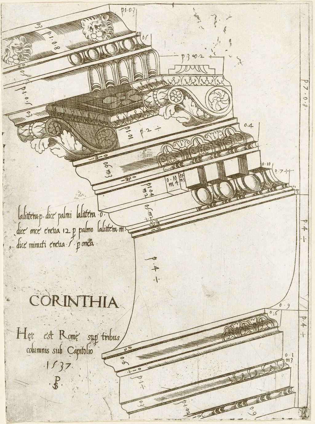 Entablature from the Temple of Vespasian, Rome, by Master PS, ink, 1537