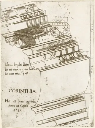 Entablature from the Temple of Vespasian, Rome, by Master PS, ink, 1537