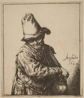 Hurdy-Gurdy Player in a Tall Hat, by Adriaen van Ostade, ink, 1647