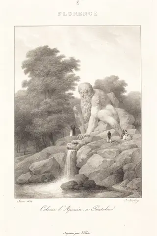 Colossus L'Apenin, Pratolino, by Jean-Baptiste Isabey, ink, 1822