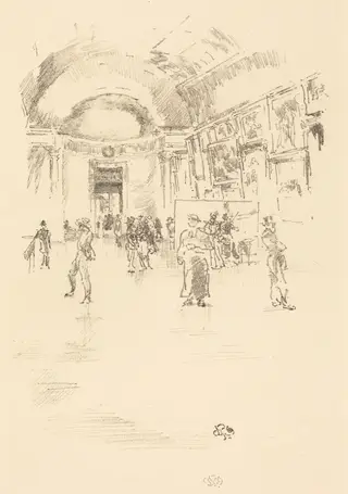 The Long Gallery, Louvre, by James McNeill Whistler, ink, 1894