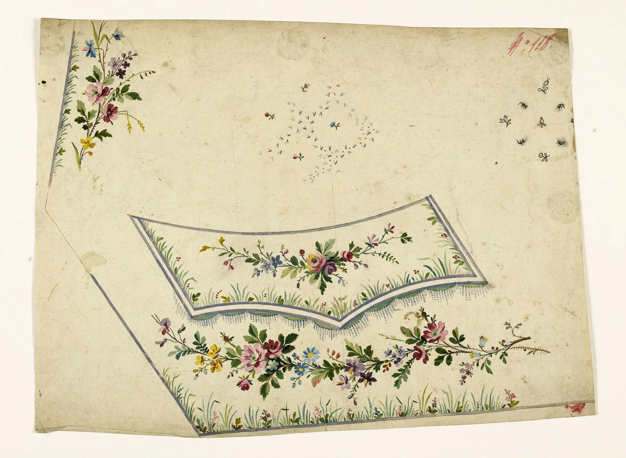 Guirlandes de fleurs et frise de franges perlées mauves, projets de broderies de gilet, XVIIIème siècle, detail
