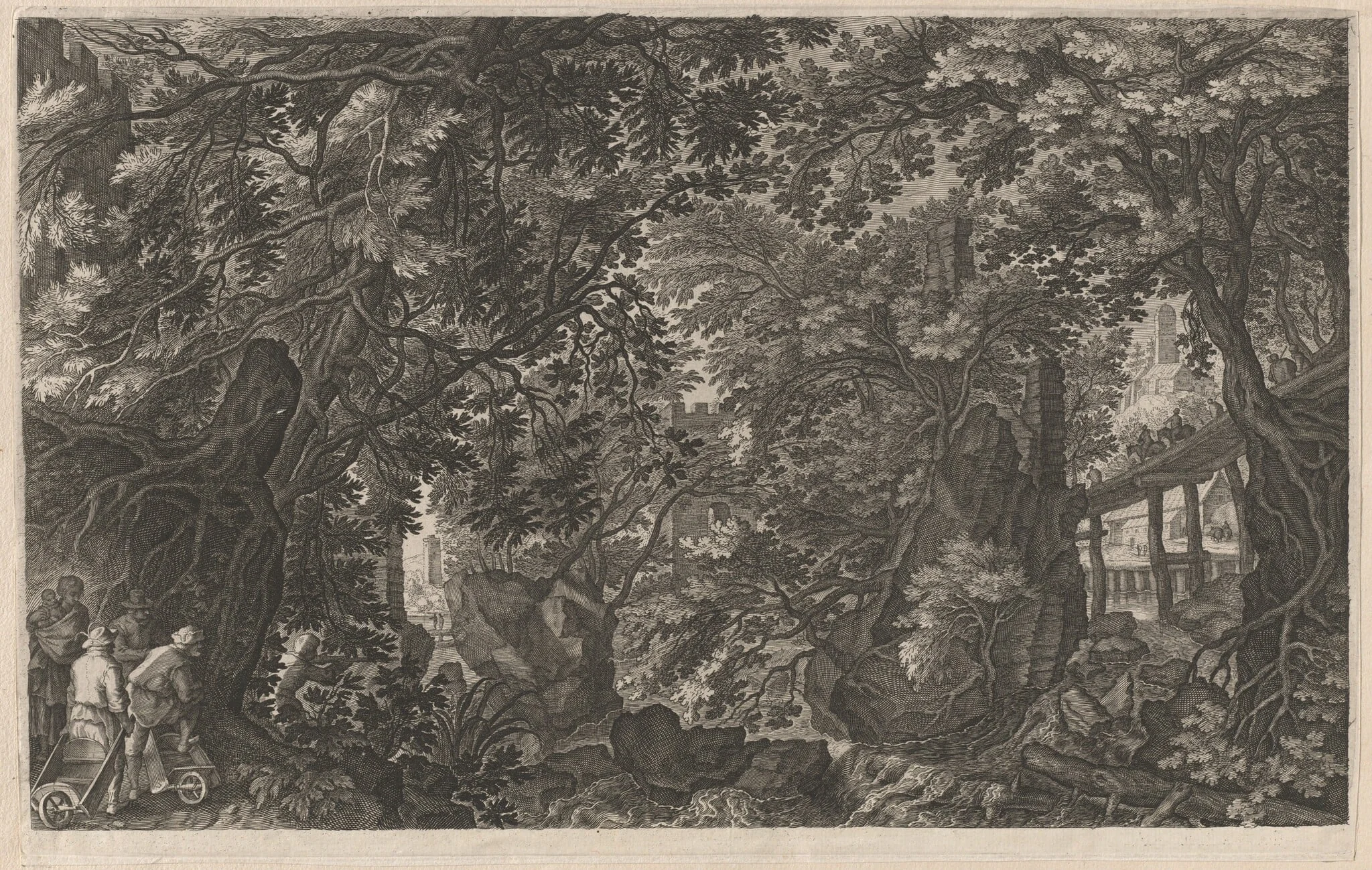 Hunters in a Forest near a Wooden Bridge, detail