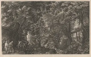 Hunters in a Forest near a Wooden Bridge, by Aegidius Sadeler II, ink, 1608