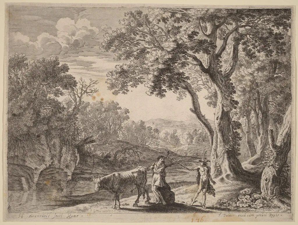 Battus Transformed into Stone, by Herman van Swanevelt, ink, 1628